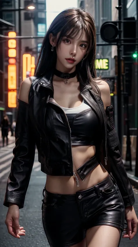 Slim beauty body, thin waist, big hips,
brown hair,
((Leather jacket taken off)),
white Short tank top, 
black Tight leather pants,
choker, Earrings, bracelet,
cleavage,
beautiful fingers, fingertip, nail, 
street, neon lights, bright, stomach,
