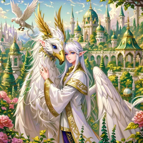 animated,  a white-haired male Elf teenager and a white hippogriff greet each other affectionately, violet eyes, beautiful eyes, beautiful gaze, Inseparable friends,  male elf and his mascot the hippogriff ,  Delicate-looking Elf ,  adolescent effeminate E...