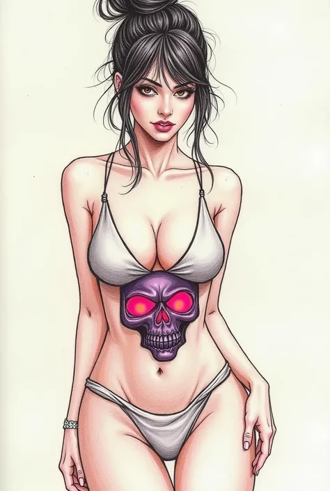  a sexy lady， short camisole in the shape of a neon skull glass ，White，Protruding nipples，Nipple congestion ，Slutty Poses，Seductive eyes， colored pencil drawing ，draft  ,long hair messy bun on top