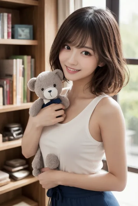  Inhaling Eyes , cute double ,  Woman Cuddling Her Favorite Stuffed Toy At Home, Room wear, small animals, Inward-curling short hair,  curly hair , Freshly washed hair , First home date, Talented , Kind personality,  woman who is very particular about the ...