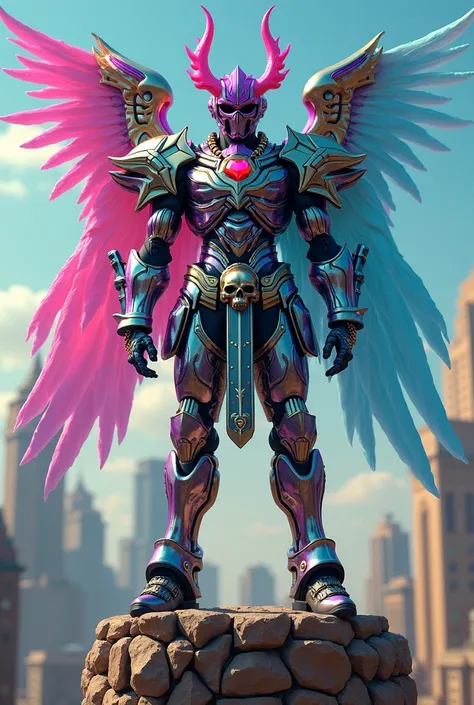 Create images Gundam Bodybuilder Wearing multi-colored neon chrome armor Mix digital mechanical armor A huge angelmummy Egyptian stylewarriors, sci-fi fantasy, with horns, spikes, fantasy, chains, skulls, fashion ornaments, standing on tall buildings.Wear ...