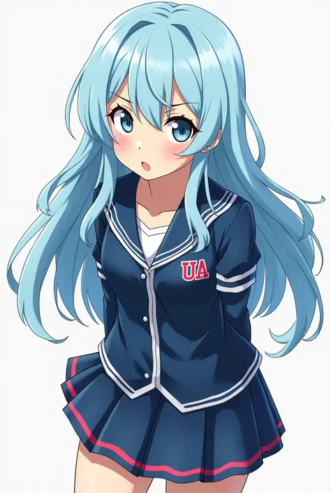 Female character in the cartoon style of the anime BOKU NO HERO ACADEMIA ,  girl with long, wavy light blue hair wearing the UA Academy uniform