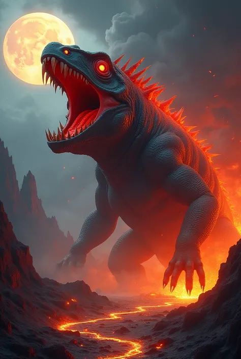  Digital fantasy artwork featuring a giant, menacing iguana with flaming red eyes and fire cracks along its body,  resembles molten lava . the iguana is positioned in the foreground ,  with its mouth open while growling ,  exposes its sharp teeth .  Its pl...