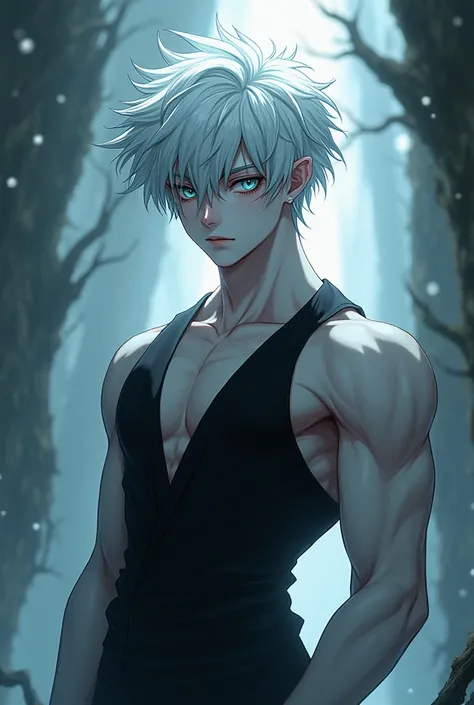 anime male, teen, black sclera white iris, white hair, puffy white hair, pale white skin, muscular, tall, long eyelashes 