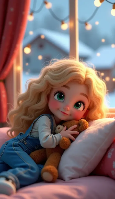  Cartoon 3D. A little white teenage girl with golden curls,  green eyes, wearing a denim jumpsuit, sneakers alistar ,  pearl earrings . She looks cute and affectionate with her sweet smile .  She is lying on a bed hugging a teddy bear and looking at the wi...