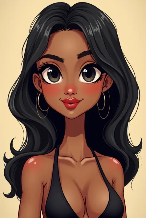  I would like you to help me by creating a cartoon of a woman with the following descriptions.  Medium size woman , slim.  She has hair with a thong and also her hair is long , black and straight. Her skin is medium tone, Her eyes are large black .  Her li...