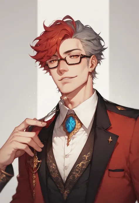 old man from the 1920s, ash red hair with some gray hair, Aleli eyes. He wears glasses that make him look sexy. He is very elegant.