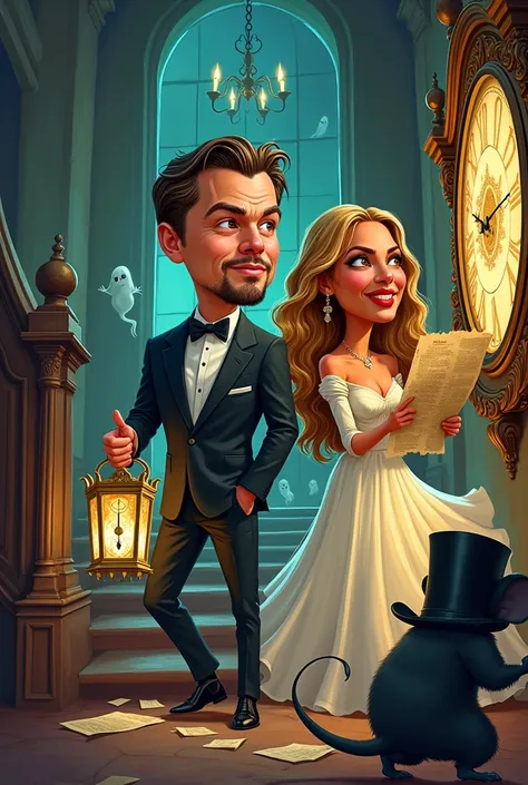 
 A Exaggerated with Leonardo DiCaprio and Beyoncé as protagonists in a haunted mansion.  Leonardo is drawn in his traditional heartthrob style ,  but with eyes full of fright and a broken chandelier almost falling over your head .  He holds an old map wit...