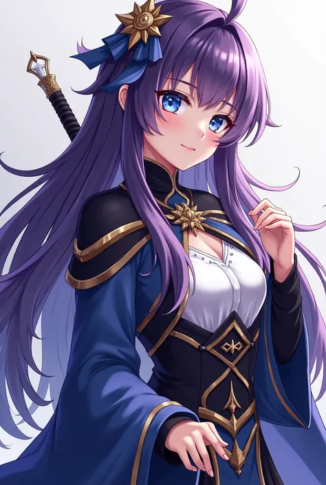 anime girl with long purple hair and blue eyes holding a knife, a character portrait by Kamagurka, pixiv, shin hanga, ayaka genshin impact, portrait knights of zodiac girl, ayaka game genshin impact, detailed anime character art, high detailed official art...