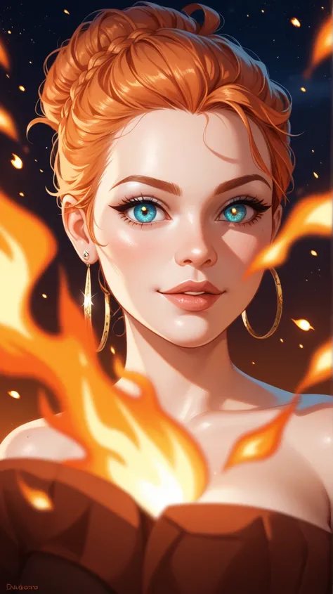 A close-up of a 26-year-old Thai woman with a voluptuous figure exudes mystery. Her fiery eyes glow intensely as delicate flames cast an orange light on her flawless skin. Embers float like stars, and subtle sparks flicker around her. Set against a dimly l...