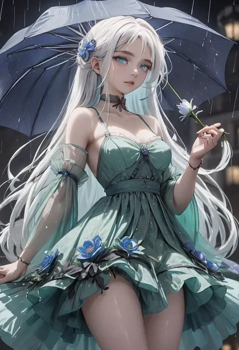 ((Flower style)), 1 Girl，White hair, very long hair,   blue eyes , ( sharp eyeliner, Eyeshadow,  meticulous eyes:1.1), stocking,rain,Night City， Nick Vissy style ,Light Particles, Light,  victorian ,Wearing a green dress， (best illustration),  photo actual...