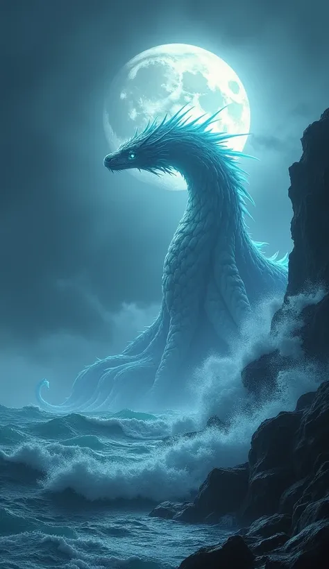 A spectral sea serpent rising from the icy, turbulent waters of Patagonia, its translucent fins glowing under a moonlit storm."