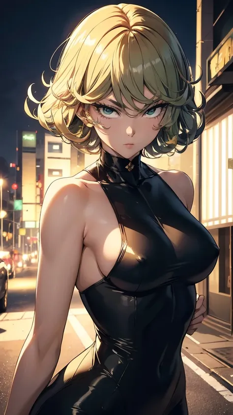 Tatsumaki ,  The dynamic positions have a golden part , fragile physique, street,  floats in the air ,  portrait in the foreground, stands leaning towards the ground,  beautiful , White nurse&#39;s coat,  short skirt , The breasts fall out from under the t...