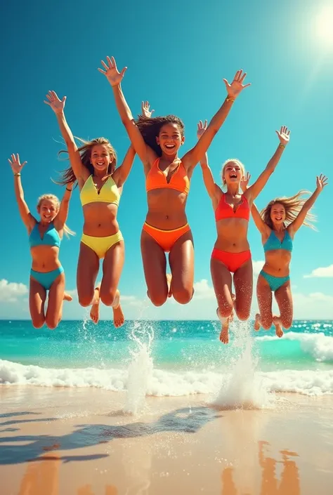 Girls in bikinis jumping