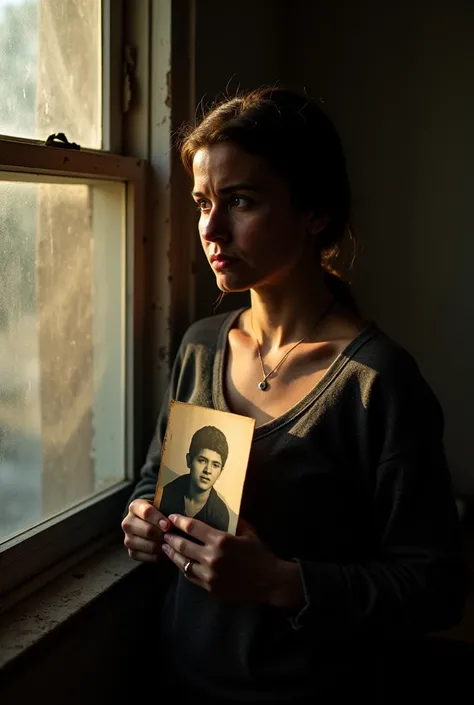 A woman in her late 20s stands by a window in a dimly lit room, holding a faded photograph of Sami close to her chest. Her face is solemn, her eyes filled with tears that haven’t fallen yet. Sunlight streams through the dusty window, illuminating her figur...