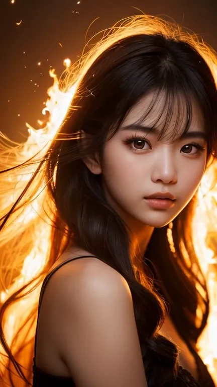 A close-up of a 26-year-old Thai woman with a voluptuous figure exudes mystery. Her fiery eyes glow intensely as delicate flames cast an orange light on her flawless skin. Embers float like stars, and subtle sparks flicker around her. Set against a dimly l...