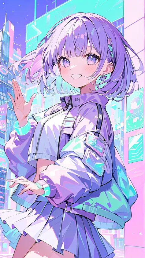 ((masterpiece)), ((best aesthetics)), ((super resolution)), ((best quality)), futuristic anime-style outfit, pastel purple hair, ((bob hair)), pastel purple cropped bomber jacket, pale gray layered pleated skirt, (18 years old), translucent mint wristband ...