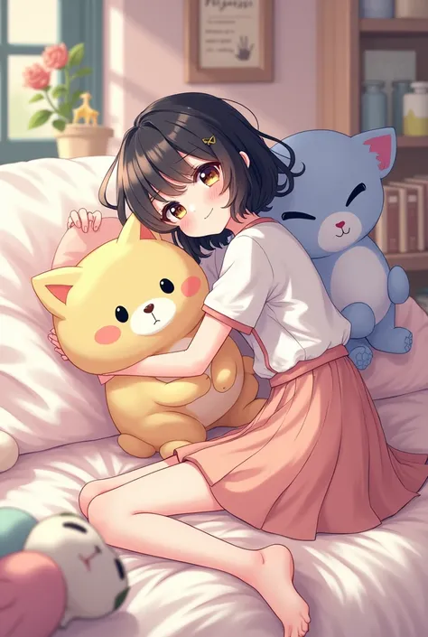 Genshin , girl with wavy black hair, 2 collections,  -like image sitting on her bed with stuffed animals around, casual clothes with a skirt