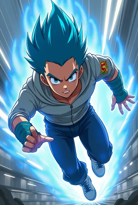 A anime guy that has super speed and laser hands with blue hair