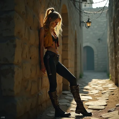 create an image of a beautiful young caucasian woman, rogue, assassin,  stealthed in the shadows, nonchalant leaning against a stonewashed wall in the shadows, medieval village, wearing a burnt dark yellow leather minivest with lace underneath matching pan...