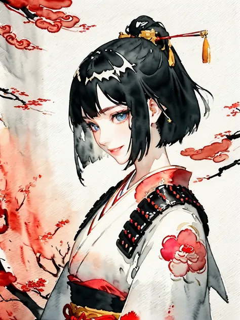 (((female, samurai, black hair, hime cut, smiling face, Japanese armor, smiling face, cherry blossoms))),(((((((Chinese ink painting, watercolor painting, Japanese armor,)))))))，((1 female samurai, Japanese beauty, solo,))(masterpiece, top quality, officia...