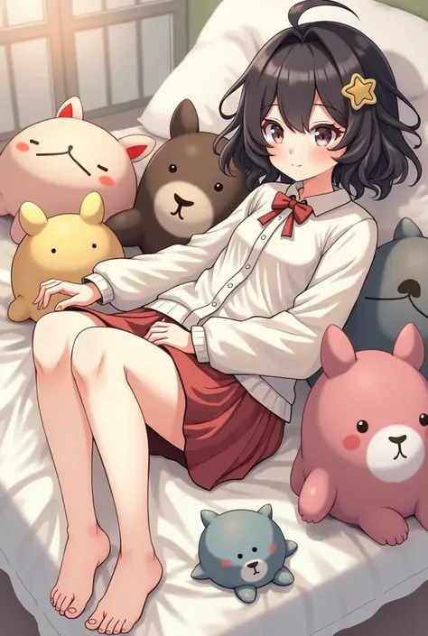 Genshin , girl with wavy black hair, 2 collections,  -like image sitting on her bed with stuffed animals around, casual clothes with a skirt