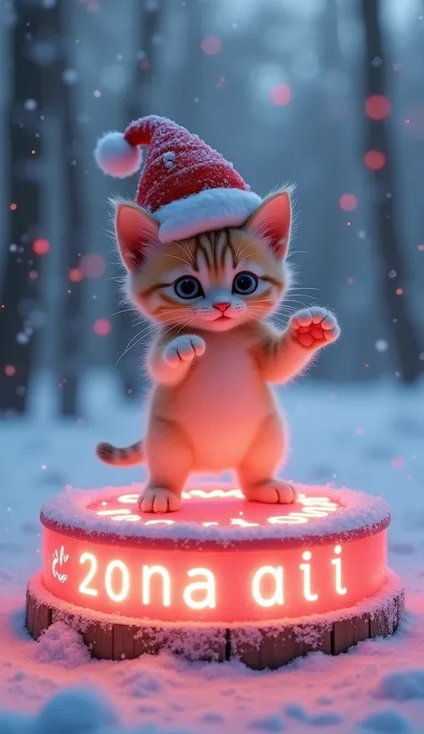  A cute kitten in the snow with a Santa Claus hat , Hes dancing on top of an LED sign that phrase written on the sign. "200k followers Anima AI" The sign has the TikTok logo  