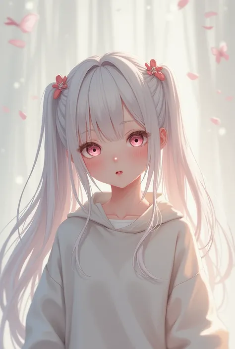  white hair,  two little pigtails on the back of the neck, pink eyes,  white dress, sweatshirt ,  a bow on the head  
