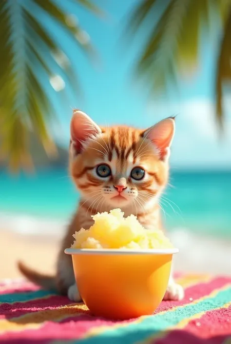 Live action kitten eating shaved ice in Hawaii