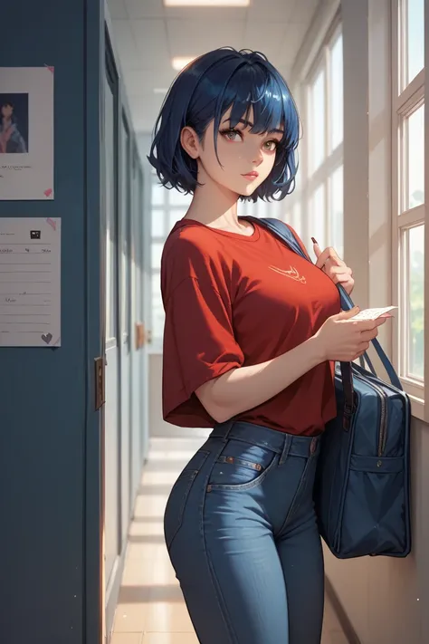 Anime, girl, (((shoulder length hair))), bangs, dark blue hair, red tops, jeans, a long shirt, standing, fit, school corridor, holding up a note