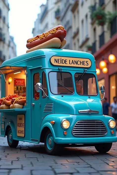 Blue hot dog trailer with the Neide Lanches logo
Bonito 