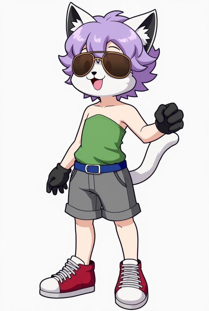  Anime Boy Furry White Fur Cat ,  Purple curly short hair , black ears, Green Strapless Shirt ,  Gray Shorts with Blue Belt ,  Red and white sports shoes ,  black fingerless gloves and Brown Aviator Googlees.