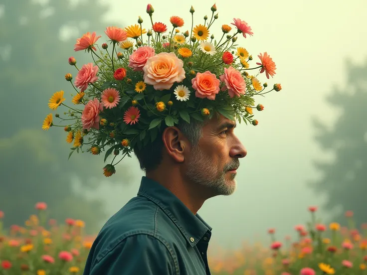 Flowers growing on a mans head