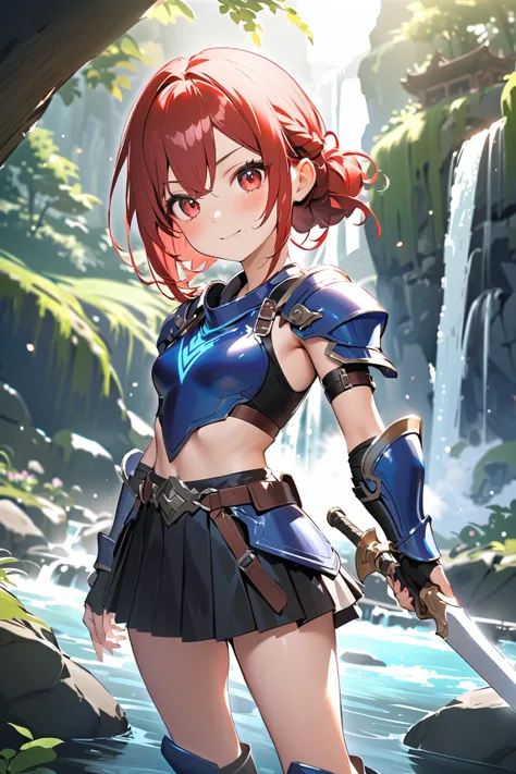 1 girl, (cute face), teenager, various hairstyles, (cheerful expression), (blush), small breasts, slim, (wearing fantasy game style warrior armor), above knee length, (porcelain skin), 
BREAK 
Misty mountains, waterfall, (standing confidently:1.2), holding...