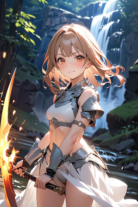 1 girl, (cute face), teenager, various hairstyles, (cheerful expression), (blush), small breasts, slim, (wearing fantasy game style warrior armor), above knee length, (porcelain skin), 
BREAK 
Misty mountains, waterfall, (standing confidently:1.2), holding...