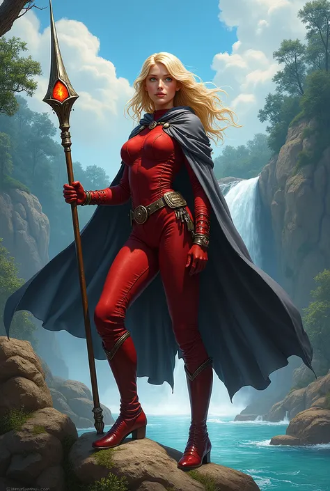 In RPG style, in style of Dungeons & Dragons, in style of fantasy painting. Full body view, looking at the viewer. Image of a female mage holding metal quarterstaff with small red crystal on top.Tight red cloth armor with dark grey cape, high boots. Blonde...