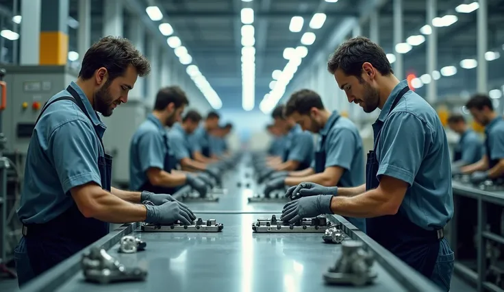 People working in line on a factory production line