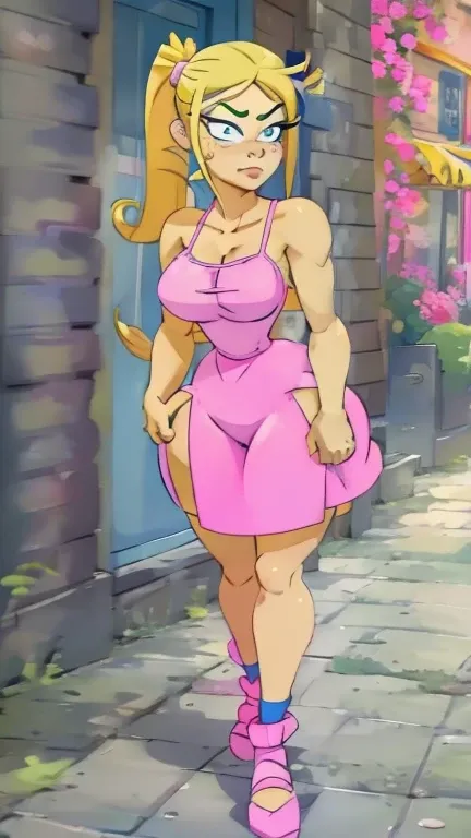 Teenage Helga Pataki from nickelodeon, yellow big pigtails, one single thick eyebrow, blue eyes, big ass, [Wide hips: 1.9] , full pink dress, alone, in the streets, small breasts, walking naked