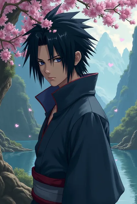 Generate a Sasuke picture for me a beautiful background