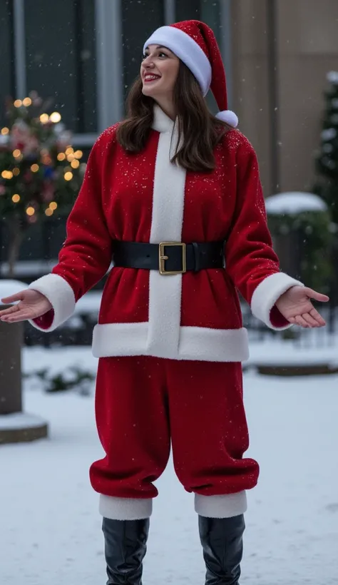  Look up at the sky, standing pose, full body ,open hands,  (brown middle hair, brown eye ,smile),  Santa Claus costume,  Santa hat and shoes, fall snow, White Christmas, in New York , night, (masterpiece, highest quality, High resolution, Photo realistic,...