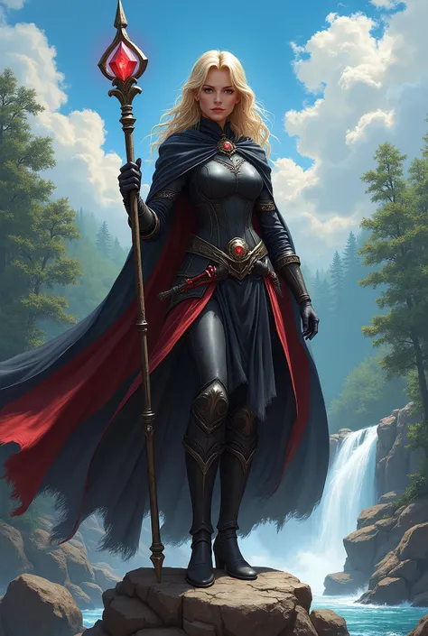 In RPG style, in style of Dungeons & Dragons, in style of fantasy painting. Full body view, looking at the viewer. Image of a female mage holding metal quarterstaff with small red crystal on top.Tight black red cloth armor with dark grey cape, black pants,...