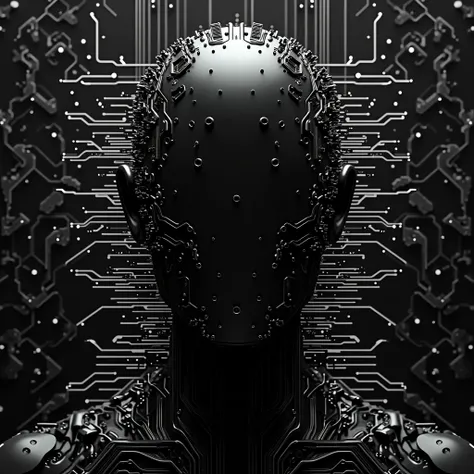 Album cover inspired by Gesaffelstein artwork , Ultra high-resolution black and white photo of a quantum computer circuit board as a 3D cyborg head,  ultracomplex circuit board environment with microscopic compounds -n 9,  central empty space framed by dar...