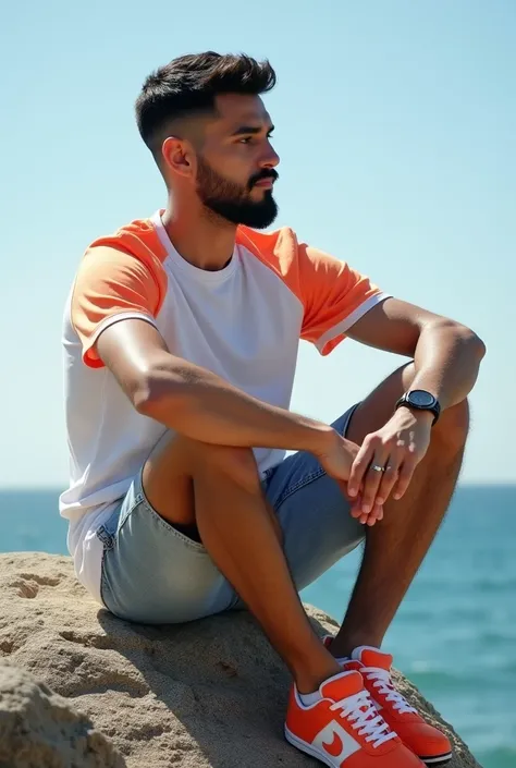  Remote view full body Lletgett , 25 years old,  with black hair buzz cut style,  brown eyes,  shiny white skin , and short profiled beard , wedding ring.  Wearing white and orange denim shorts and white and orange t-shirt with orange and white sneakers. H...