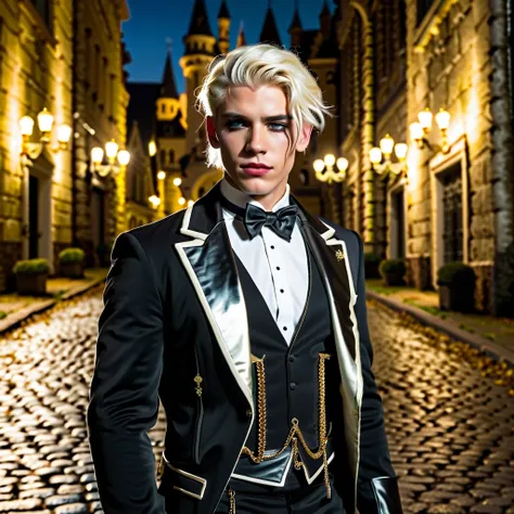 A young robo cop in formal 20th-century attire, wearing a leather black tailcoat, ivory vest with gold chains, and a white bow tie. He has short platinum blonde hair styled in a wave and piercing red eyes. Soft light illuminates his face. The background is...