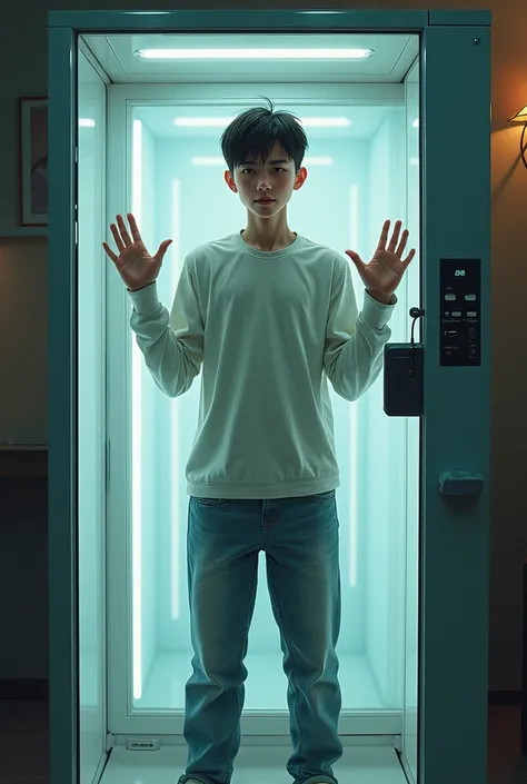 Realistic 2D drawing of a 19-year-old boy inside a full-body vending machine attached to glass 