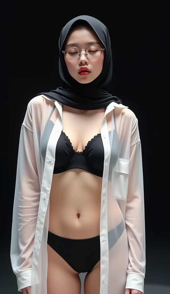 A full body photo of beauty and cute white skin korean girl wearing black simple hijab and see through white unbuttoned shirt and black pushup bra bikini,big breast size, the girl standing on stage ,the girl was undressing the shirt, the girl do a naughty ...