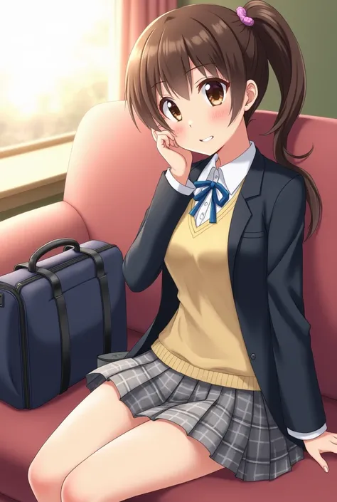 A cheerful high school girl with long, dark brown hair tied into a casual side ponytail, secured with a small pink hair tie. Her bangs frame her face naturally, slightly parted in the middle. She has bright, soft brown eyes and a confident, friendly smile....