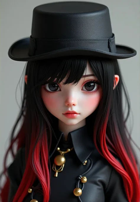 Create a 3D girl with black hair and red locks and black eyes with a hat