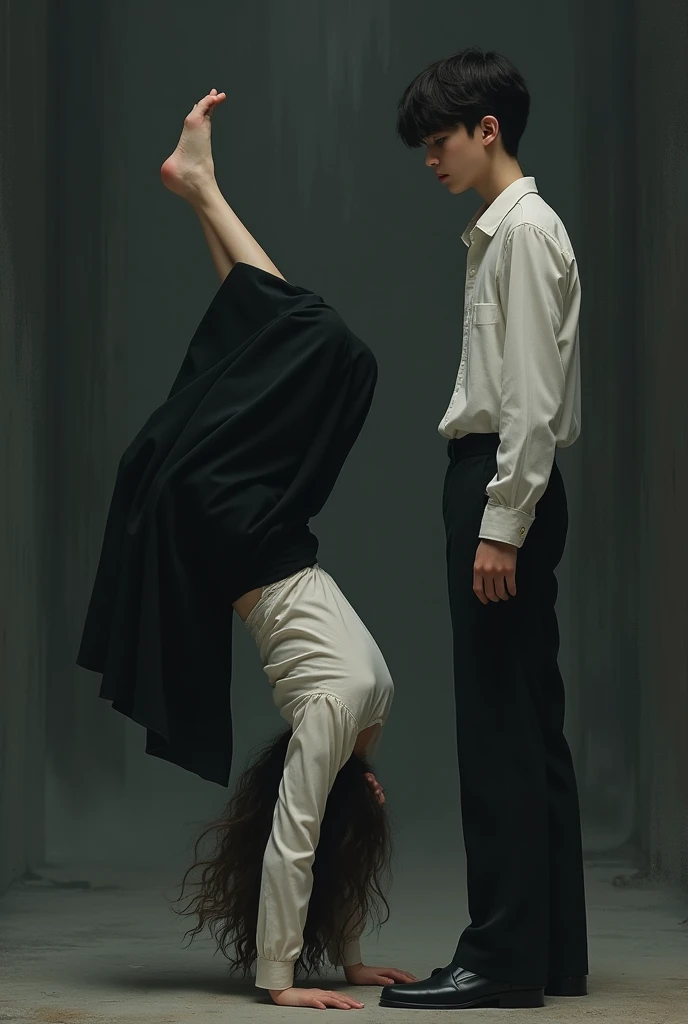 A teenaged girl in a long sleeved white button up and a long black maxi skirt is next to a teenaged boy in a white button up shirt and black pants. The mood is dark and gloomy and catholic. The girl is upside down and the boy is right side up. 