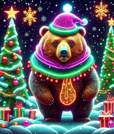 (cute, chubby, male, bear), DonMN30nChr1stGh0stsXL neon christmas, adorable, magical, fantasy, hires textures, highly detailed, intricate details, best quality, masterpiece